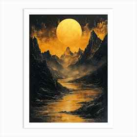 Moonlight Over The Mountains, Monochrome, Charcoal Style Poster