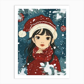 Christmas Girl In Santa Hat Art Print