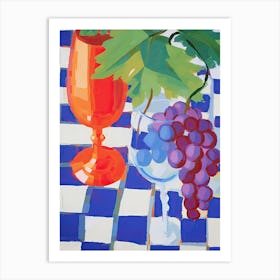 Grapes On Checkered Table, Colourful Tones, Frenchch Riviera In Matisse Style 2 Art Print
