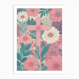 Pink Cross With Flowers Art Print