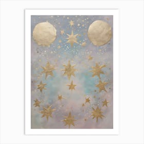 Wabi Sabi Dreams Collection 7 - Japanese Minimalism Abstract Moon Stars Mountains and Trees in Pale Neutral Pastels And Gold Leaf - Soul Scapes Nursery Baby Child or Meditation Room Tranquil Paintings For Serenity and Calm in Your Home Art Print