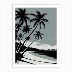 Black and White Coastal Art: Elegant palm trees in a serene black-and-white photograph, set against a bright sandy beach and open sky. Ideal for minimalist and coastal-inspired interior designs. Art Print