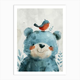 Small Joyful Bear With A Bird On Its Head 11 Art Print