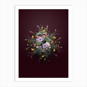 Vintage Hoary Jacquemontia Floral Wreath on Wine Red Art Print