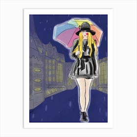 Girl With Rainbow Umbrella Walking Trough The Rainy Night Art Print