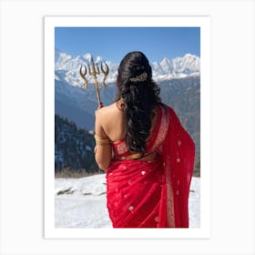 A Married Indian Woman Adorned In Her Traditional Sari Her Back Towards Us As She Stands Against A Art Print