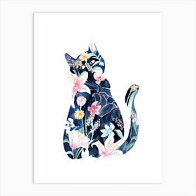 Flower Pattern Blue Cat Art Print