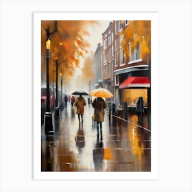 Amsterdam cafes, autumn season, rain, autumn oil colours.Faded colours,People passing on the street, winter clothes, rain umbrellas.11 1 Art Print