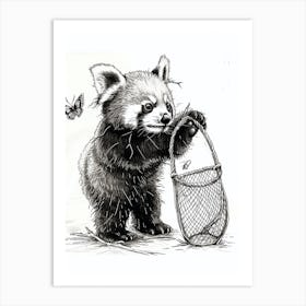 Red Panda Cub Playing With A Butterfly Net Ink Illustration 1 Art Print