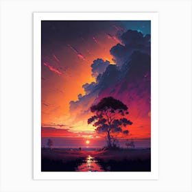 Africa Sunset by River in Orange and Red Art Print