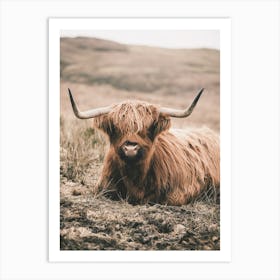 Neutral Highland Cow Scenery Art Print