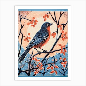 Vintage Bird Linocut Bluebird 3 Art Print