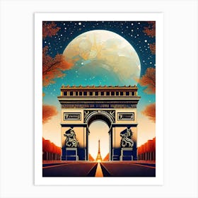 Arc De Triumph ~ Paris Iconic Full Moon Stargate Wall Decor Futuristic Sci-Fi Trippy Surrealism Modern Digital Mandala Awakening Fractals Spiritual Artwork Psychedelic Colorful Cubic Abstract Universe Art Print