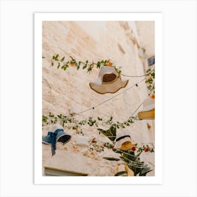 Hats And Flowers hanging in the streets in Puglia, Italy | travel photography Art Print