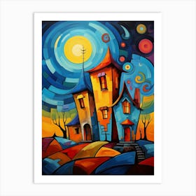 Fairytale House at Night 4, Abstract Vibrant Colorful Cubism Style Art Print