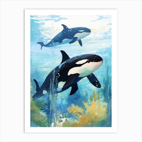 Orca Whale And Calf, Blue Aqua Art Print