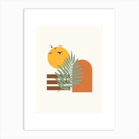 Sunset With Palm Tree And Birds Art Print