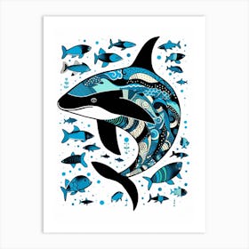 Orca Whale Pattern With Fish Blue 1 Art Print