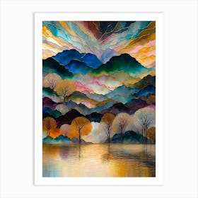 Stained Glass Landscape Scenery With Watercolor - Mountains, Sky, Clouds, Gold Rippling Lake and Winter Trees - Colorful Dreamy Feature Art for Gallery Wall, Beautiful Mosiac Rainbow Scene HD Art Print