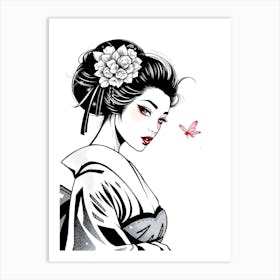 Geisha and Butterfly Drawing Art Print