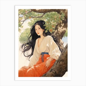 Asian Girl In A Tree Art Print