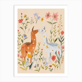 Folksy Floral Animal Drawing Llama 3 Art Print