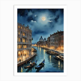 Venice At Night Rialto Romance Art Print