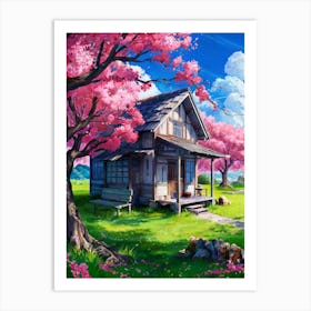 Lofi Anime Art: Rustic house under vibrant cherry blossoms, with a sunny countryside backdrop. Perfect for peaceful and nostalgic vibes. Art Print