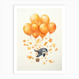 Whale Flying With Autumn Fall Pumpkins And Balloons Watercolour Nursery 3 Art Print