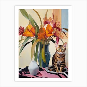 Cymbidium Orchid Flower Vase And A Cat, A Painting In The Style Of Matisse 1 Art Print