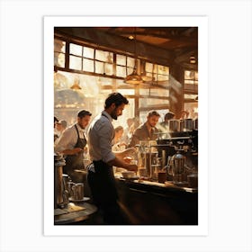 A Busy Cafe Scene Captured In Impressionist Style Barista Bustling Amidst The Morning Rush Meticul (4) Art Print