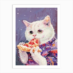 Cute White Cat Eating Pizza Folk Illustration 3 Art Print