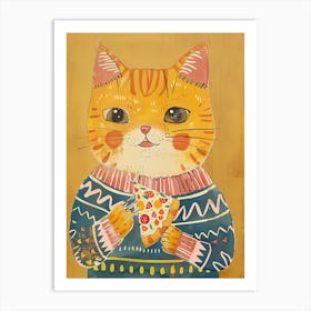 Brown Cat Pizza Lover Folk Illustration 2 Art Print