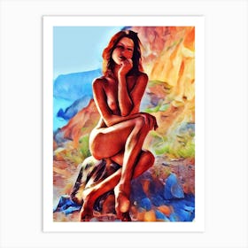 Nude Woman Sitting On Rock Art Print