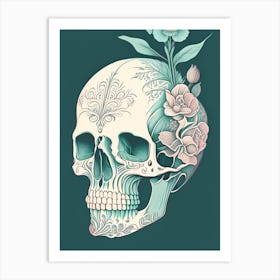 Skull With Tattoo Style Artwork 1 Pastel Line Drawing Art Print