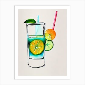 Mai Tai Minimal Line Drawing With Watercolour Cocktail Poster Art Print