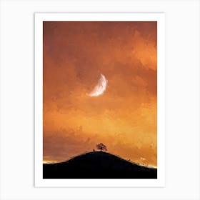 Lonely Tree On The Hill Sunset Moon Oil Painting Landscape Art Print