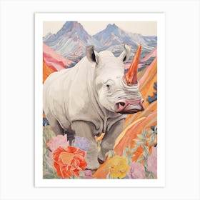 Patchwork Floral Rhino With Mountain In The Background 9 Art Print