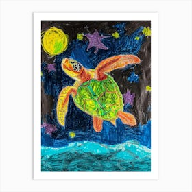 Sea Turtle At Night Crayon Drawing 2 Art Print