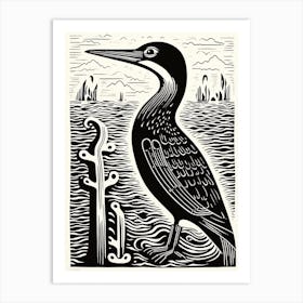 B&W Bird Linocut Cormorant 4 Art Print