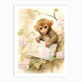 Monkey Painting Collecting Stamps Watercolour 2 Art Print
