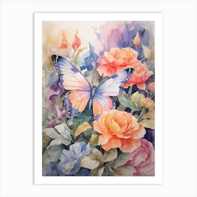 Butterfly And Roses 3 Art Print