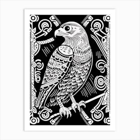 B&W Bird Linocut Hawk 1 Art Print