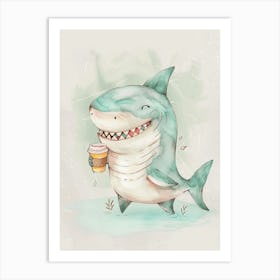 Shark With A Takeout Coffee Watercolour Illustration Art Print