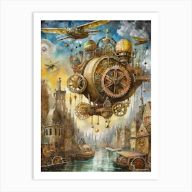 Steampunk Inspired City With Airships And Gears Art Print