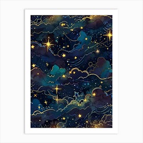 Seamless Pattern With Stars And Clouds 1 Art Print