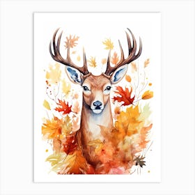 A Deer Watercolour In Autumn Colours 3 Art Print
