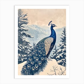Blue Linocut Peacock Snow Scene 2 Art Print