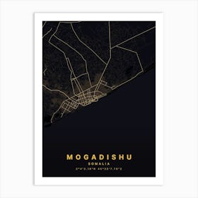 Mogadishu Somalia Black And Gold Map Art Print