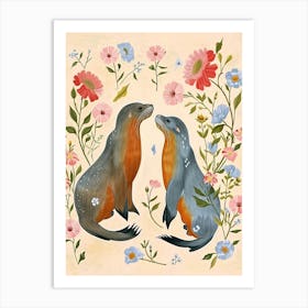 Folksy Floral Animal Drawing Elephant Seal Art Print
